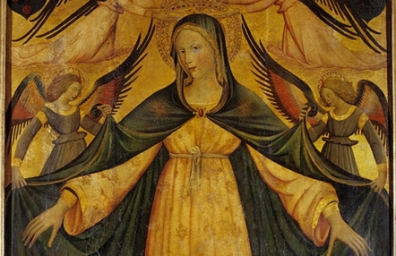 Obraz przedstawia Maryję w niebieskiej pelerynie, stojącą w centralnej części obrazu. Nad nią latają aniołowie, którzy podtrzymują jej szatę i koronują ją. Maryja w opiekuńczym geście rozpościera ręce nad tłumem ludzi stojącym u jej stóp.