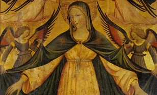 Wizerunek Madonny, której płaszcz oraz koronę nad głową podtrzymują pary aniołów. Pod rozpostartym płaszczem ukazani wierni, składający ręce do modlitwy. Przed podestem, na którym stoi Madonna klęcząca postać fundatora, adorująca Matkę Boską.