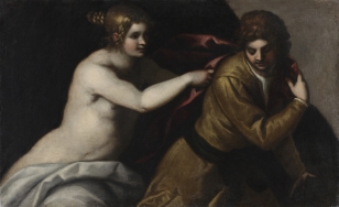 Postać nagiej kobiety, żony Putyfara sięgającej rękoma ku szacie narzuconej na plecy Józefa, znajdującego się po jej lewej stronie. Tło brązowe, nieokreślone.