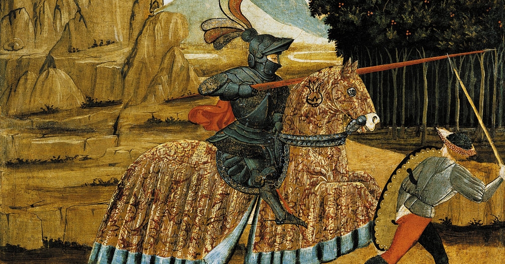 Rycerz jadący na koniu, ubrany w pancerz, w ręce trzyma kopię, przed nim człowiek prowadzący konia za uzdę, w tle krajobraz - skaliste góry i las