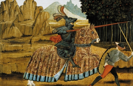 Rycerz jadący na koniu, ubrany w pancerz, w ręce trzyma kopię, przed nim człowiek prowadzący konia za uzdę, w tle krajobraz - skaliste góry i las