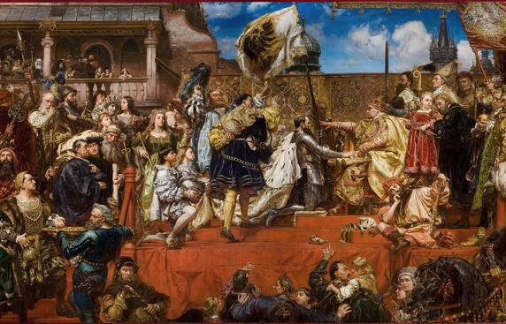 Na obrazie ukazanych wiele postaci, zebranych siedzącego na tronie króla; przed nim klęczy mężczyzna; prawa ręka króla wyciągnięta do przodu i spoczywa na ramieniu składającego hołd; ponad sceną powiewa flaga, w tle fragment budynku