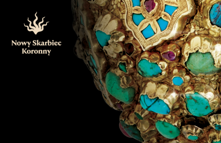 fragment buławy, zdobionej złotem i szlachetnymi kamieniami w turkusowym kolorze