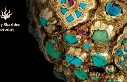 fragment buławy, zdobionej złotem i szlachetnymi kamieniami w turkusowym kolorze