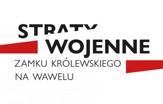 logo projektu: stylizowany napis, czarny na białym tle - Straty Wojenne Zamku Królewskiego na Wawelu; po bokach dwa czerwone prostokąty