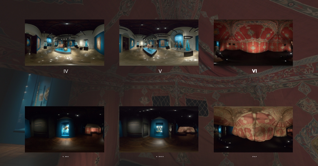 zrzut ekranowy wirtualnego zwiedzania; sześć zdjęć sal wystawy Sztuka Wschodu