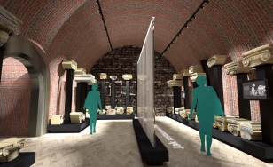 infografika - projekt aranżacji sali wystawy lapidarium, ceglane ściany, elementy ekspozycji, schemat postaci zwidzającej wystawę