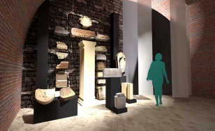 infografika - projekt aranżacji sali wystawy lapidarium, ceglane ściany, elementy ekspozycji, schemat postaci zwidzającej wystawę