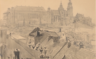 widok ponad dachami miasta na zamek stojący na wzgórzu