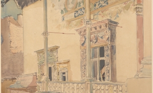 fragment krużganków zamkowych, na ścianie malowidło, okno i wejście bogato zdobione płaskorzeźbami