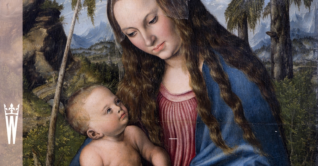 obraz, Madonna trzyma na rękach dzieciątko, twarze mają zwrócone do siebie;  Madonna ma niebieski płaszcz, długie rozpuszczone włosy; w tle krajobraz - drzewa i góry