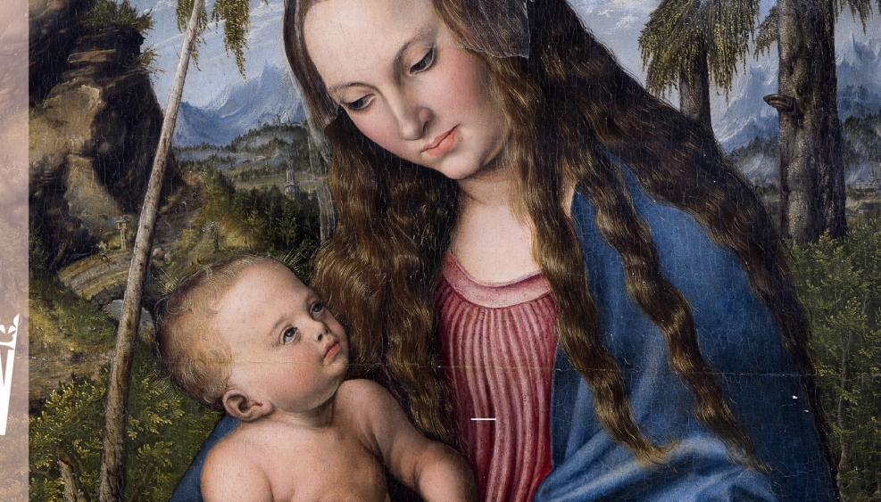 obraz, Madonna trzyma na rękach dzieciątko, twarze mają zwrócone do siebie;  Madonna ma niebieski płaszcz, długie rozpuszczone włosy; w tle krajobraz - drzewa i góry