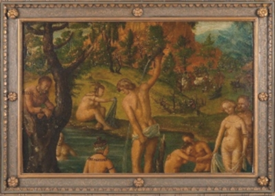 scena przedstawia kąpiące się postacie na tle krajobrazu