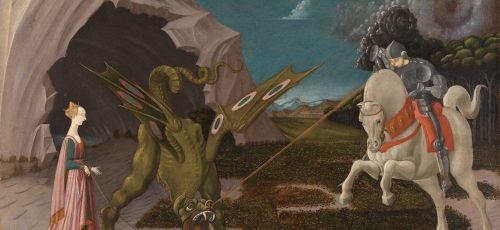 scena walki św. Jerzego ze smokiem, rycerz na białym koniu uderza dzidą w bestię, którą trzyma na uwiżi kobieta, ubrana w strój renesansowy; w tle krajobraz - jaskinia i las