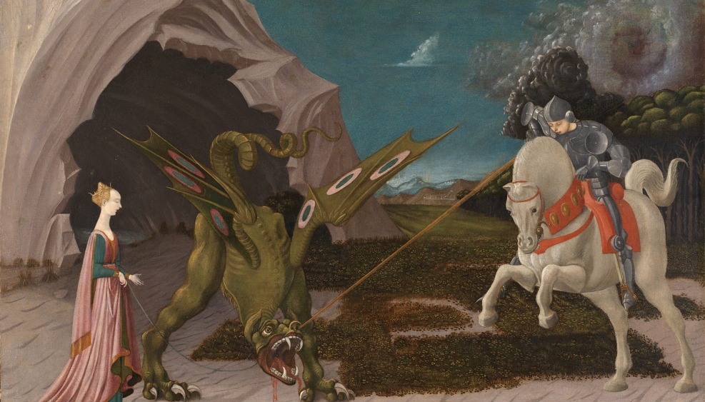 scena walki św. Jerzego ze smokiem, rycerz na białym koniu uderza dzidą w bestię, którą trzyma na uwiżi kobieta, ubrana w strój renesansowy; w tle krajobraz - jaskinia i las