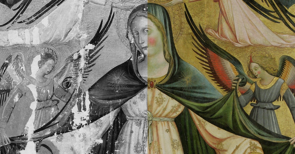 obraz przedstawiający postać Matki Boskiej, w rozłożonych rękach trzyma rozchylone poły płaszcza, po obu stronach skrzydlate anioły