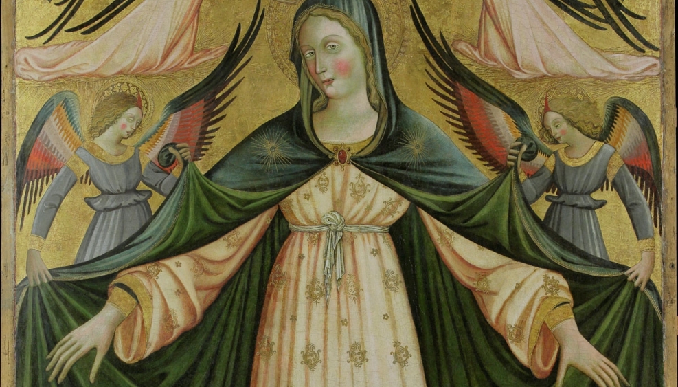 obraz przedstawiający postać Matki Boskiej, w rozłożonych rękach trzyma rozchylone poły płaszcza, po obu stronach skrzydlate anioły