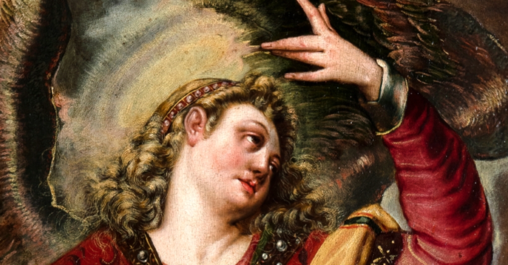 fragment obrazu, po lewej anioł w bogato zdobionej czerwonej szacie, lewa ręka uniesiona do góry
