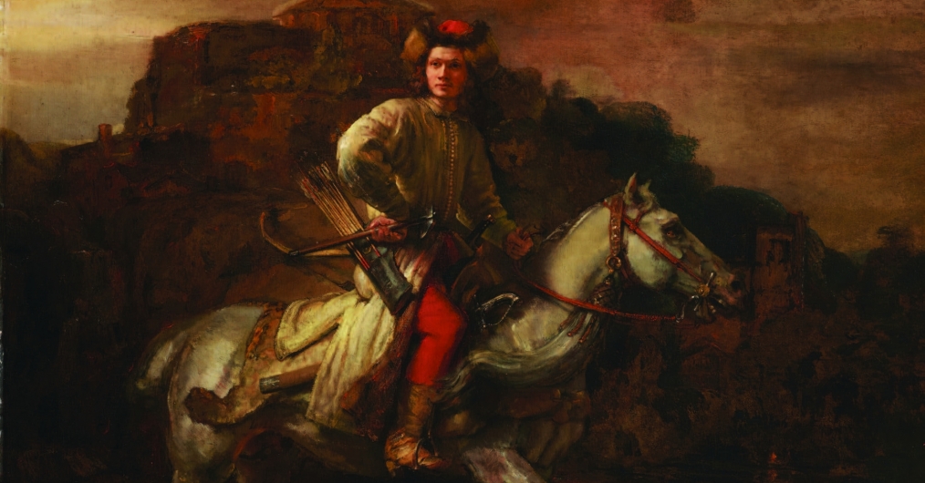 obraz przedstawiający jeźdżca na koniu, w tle górski krajobraz; jeśdziec to młody człowiek, odwrócony do widza, na głowie ma czerwoną czapkę