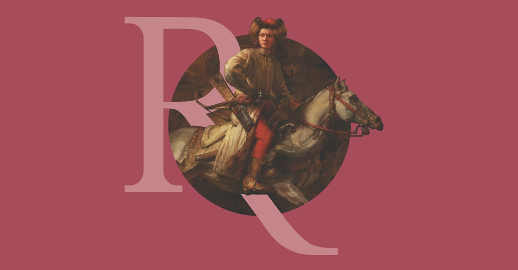 fragment obrazu przedstawiającego jeźdżca na koniu, detal zamknięty w okręgu na bordowym tle, z nałożoną stylizowaną literą"R" w kolorze bordowym