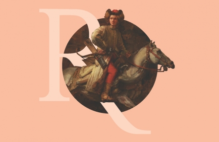 fragment obrazu przedstawiającego jeźdżca na koniu, detal zamknięty w okręgu na blado-pomarańczowym tle, z nałożoną stylizowaną literą"R" w kolorze blado-pomarańczowym