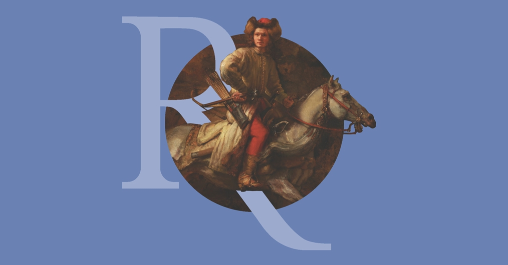fragment obrazu przedstawiającego jeźdżca na koniu, detal zamknięty w okręgu na niebieskim tle, z nałożoną stylizowaną literą"R" w kolorze niebieskim