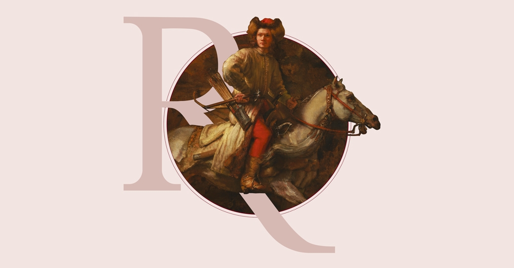 fragment obrazu przedstawiającego jeźdżca na koniu, detal zamknięty w okręgu, z nałożoną stylizowaną literą"R"
