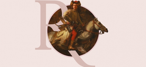 fragment obrazu przedstawiającego jeźdżca na koniu, detal zamknięty w okręgu, z nałożoną stylizowaną literą"R"