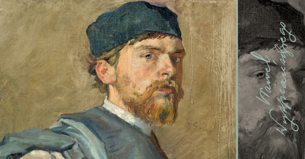 olejny portret młodego mężczyzny, z jasną brodą i wąsami, na głowie ma niebieską płócienną czapkę