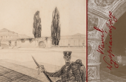 szkic ołówkiem młodego żołnierza, w tle wysokie, smukłe drzewo. po prawej stornie napis "Wawel Wyspiańskiego"