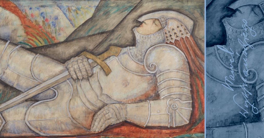 obraz pastelowy śpiącego rycerza na tle góry, w jasnych barwach