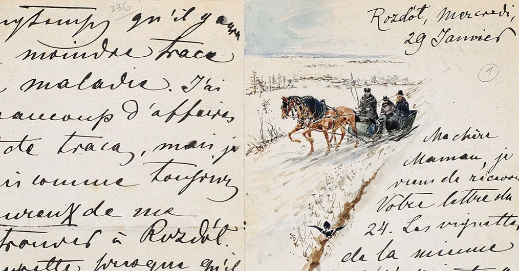 na kremowej kartce papieru fragmenty ręcznie kaligrafowanego tekstu, z prawej strony rysunek przedstawiający zimowy krajobraz i sanie ciągnięte przez dwa konie; w saniach trzy postacie