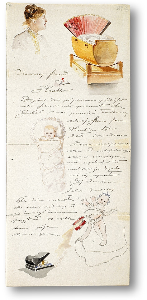 List Jacka Malczewskiego do Karola Lanckorońskiego z akwarelowymi rysunkami przedstawiającymi żonę artysty patrzącą w stronę dziecięcej kołyski, nowo narodzoną córeczkę Julię w beciku oraz dziecko owinięte rozwijającą się wstążką