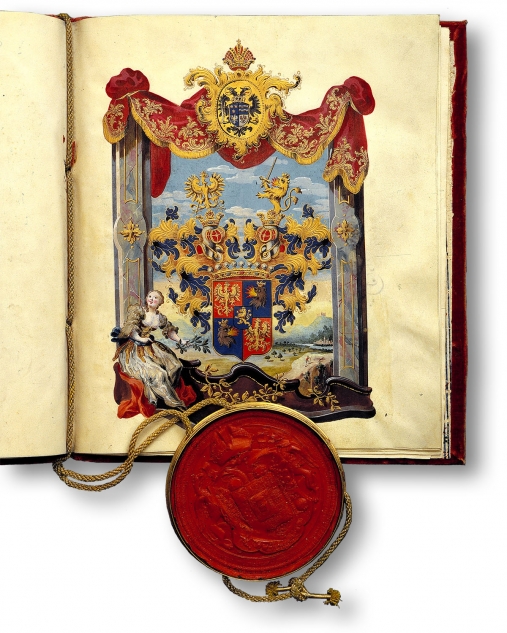 Karta dokumentu z pieczęcią cesarską, przedstawiająca rodowy herb Zadora z rozbudowanym klejnotem w kolorach żółto-niebieskich, umieszczony pod czerwono-złotym baldachimem.
