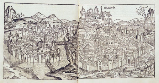 Rycina będąca częścią "Liber chronicarum" Hertmanna Schedla z roku 1493, przedstawiająca najstarszy widok Krakowa wraz z Kazimierzem i Kleparzem.