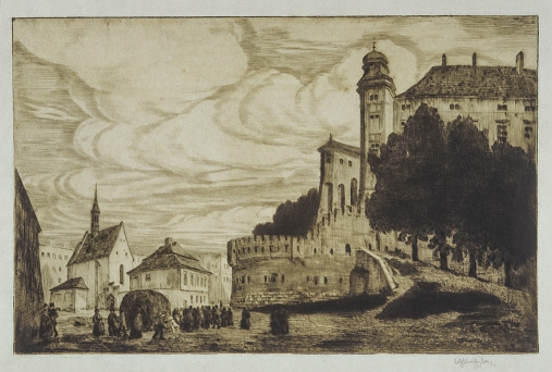 Widok na północno-wschodni narożnik Zamku z wieżą Zygmunta III, Kurzą Stopką i fragmentem murów - z lewej strony widoczne zabudowania ulicy Grodzkiej, w tym kościół św. Idziego.