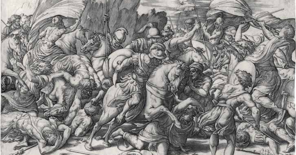 rysunek przedstawiający scenę z bitwy, tłum ludzi walczących na koniach i pieszo, w strojach z epoki greckiej, a ziemi leżące ciała i elementy uzbrojenia