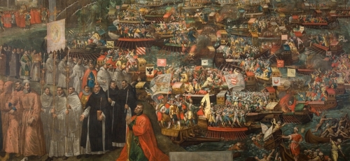 obraz przedstawiający scenę bitwy pod Chocimiem; w tle flota okrętów pełnych postaci walczących żołnierzy, po lewej stronie procesja mnichów niosących sztandar z Matką Boską, na pierwszym planie klęczący mężczyzna w czerwonej szacie