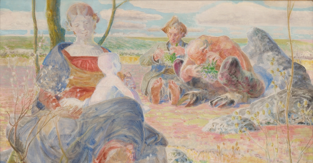 obraz przedstawia kobietę z dzieckiem na kolanach, w tle pejzaż i dwóch mężczyzn siedzących na ziemi; świetliste jasne kolory kompozycji