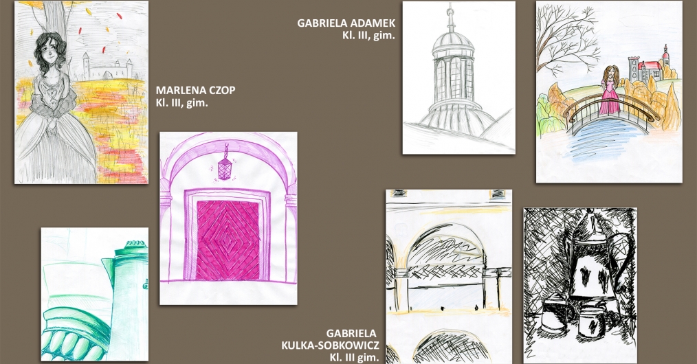 Prace uczestników wydarzenia. Na brązowej planszy widnieje 7 rysunków wykonanych ołówkiem, kredkami i flamastrami. Prace przedstawiają detale zamkowych murów, martwą naturę z naczyniami oraz kobiety w bogato zdobionych sukniach.