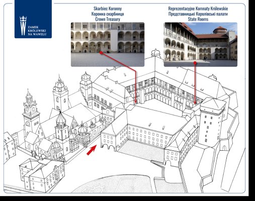 plan wzgórza wawelskiego z zaznaczoną lokalizacją spotkań