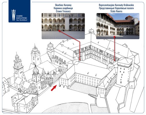 plan wzgórza wawelskiego, z zaznaczoną lokalizacją spotkań