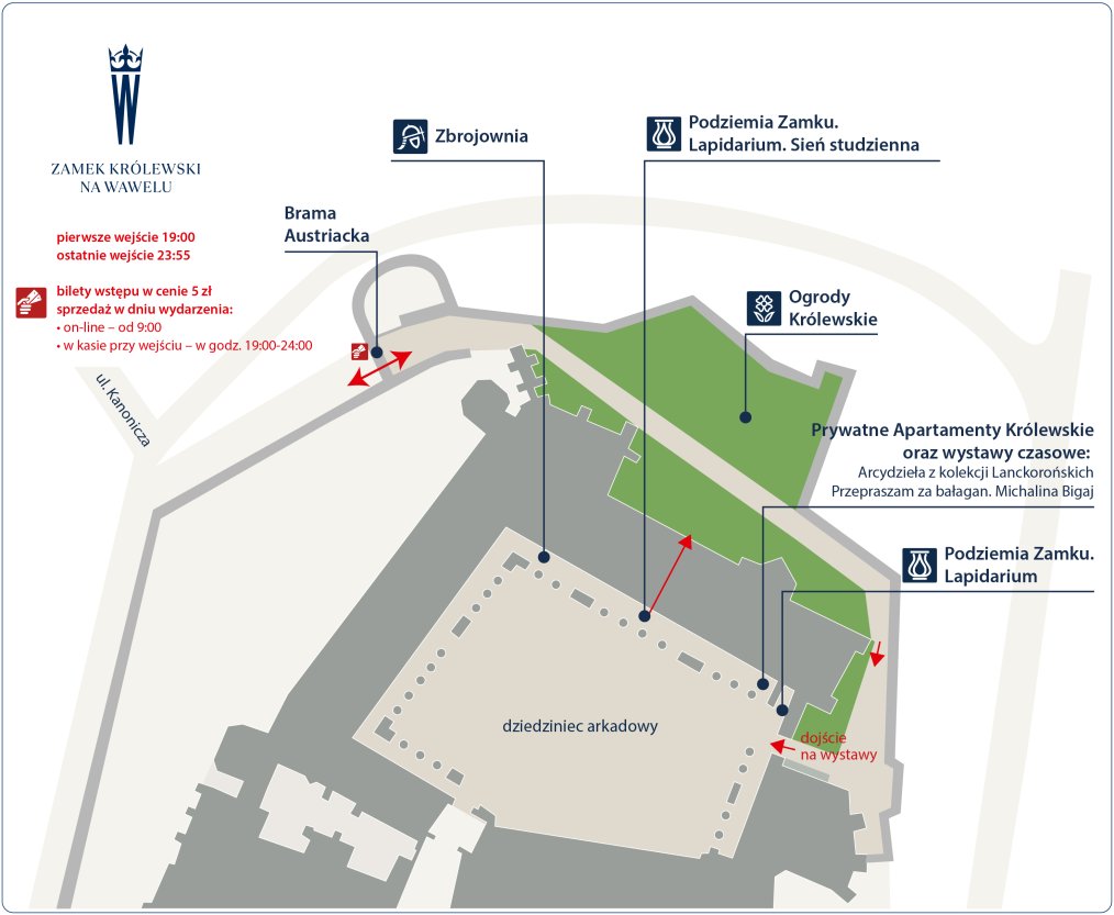 plan wzgórza wawelskiego z lokalizacją wystaw na Noc Muzeów 2026