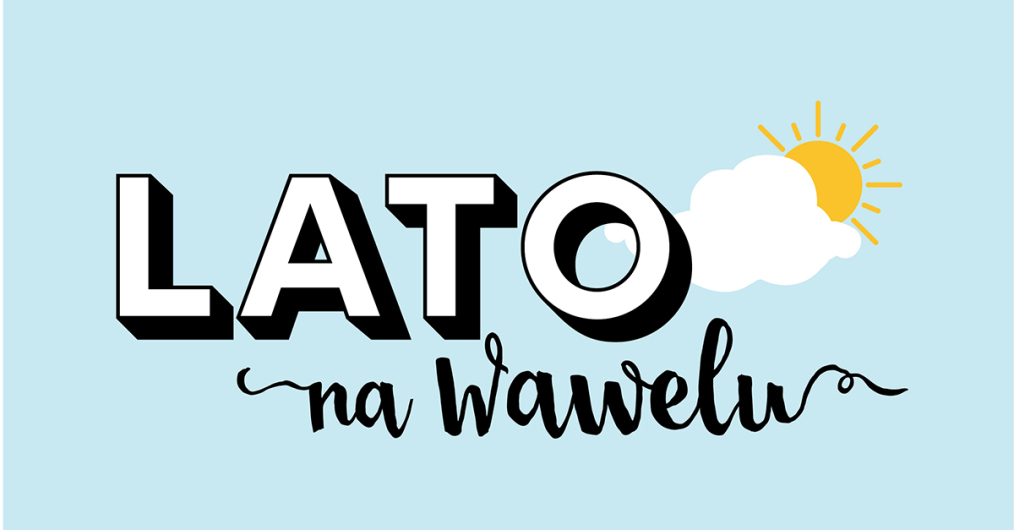 infografika wydarzenia Lato na Wawelu, niebieskie tło, słońce wyglądające zza chmurki