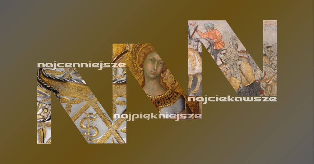 Grafika przedstawiająca trzy litery 'N' wypełnione fragmentami dzieł sztuki: złotym ornamentem, portretem kobiety i sceną batalistyczną.Tło w odcieniach brązu przechodzących w szarość.