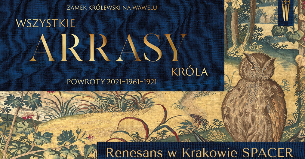 infografika wydarzenia zwiedzanie z kustoszem, napisy umieszczone zostały na tle wawelskiego arrasu
