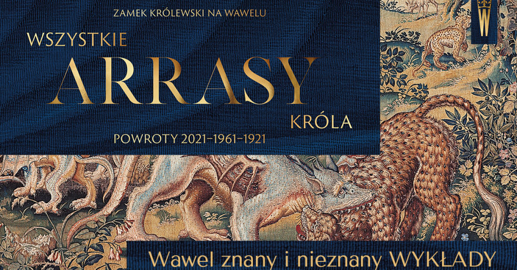 infografika wydarzenia zwiedzanie z kustoszem, napisy umieszczone zostały na tle wawelskiego arrasu