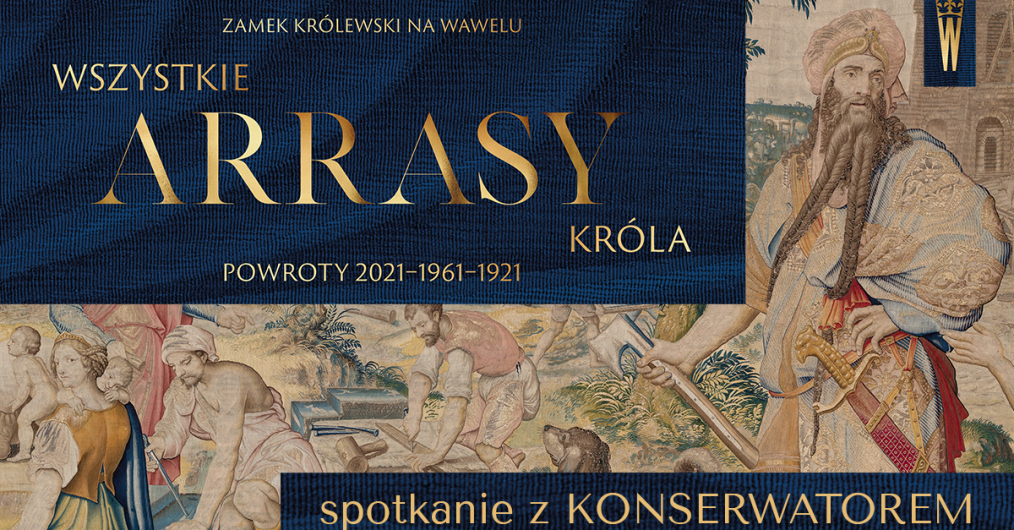 infografika wydarzenia zwiedzanie z kustoszem, napisy umieszczone zostały na tle wawelskiego arrasu