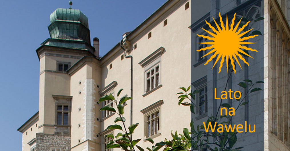 zdjęcie zamku z nałożoną na nie grafiką przedstawiającą słońce z podpisem "Lato na Wawelu"