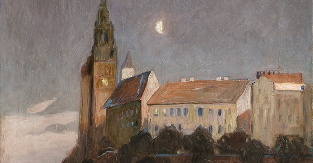 Malunek Wawelu widziany zza Wisły, utrzymany w ciemnych, przydymionych barwach.